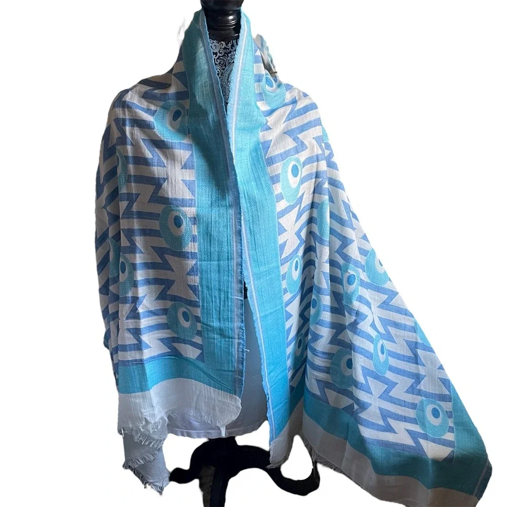 Alliance Peacock Eye Abstract Geometric Scarf Blue White Cotton‎